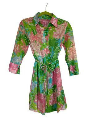 Lilly Pulitzer XS Floral Shirt Dress Cotton Belted Pink Green Tropical Preppy Mi